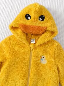 SHEIN Baby Girl Knitted Solid Color Faux Fur Duck Embroidery Pattern Casual Autumn Winter Romper - Yellow - View 3