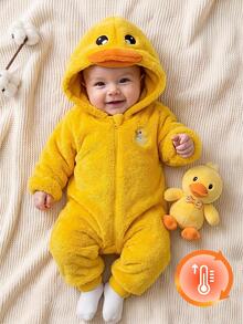 SHEIN Baby Girl Knitted Solid Color Faux Fur Duck Embroidery Pattern Casual Autumn Winter Romper - Yellow - View 1