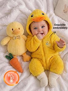 SHEIN Baby Girl Knitted Solid Color Faux Fur Duck Embroidery Pattern Casual Autumn Winter Romper - Yellow - View 5