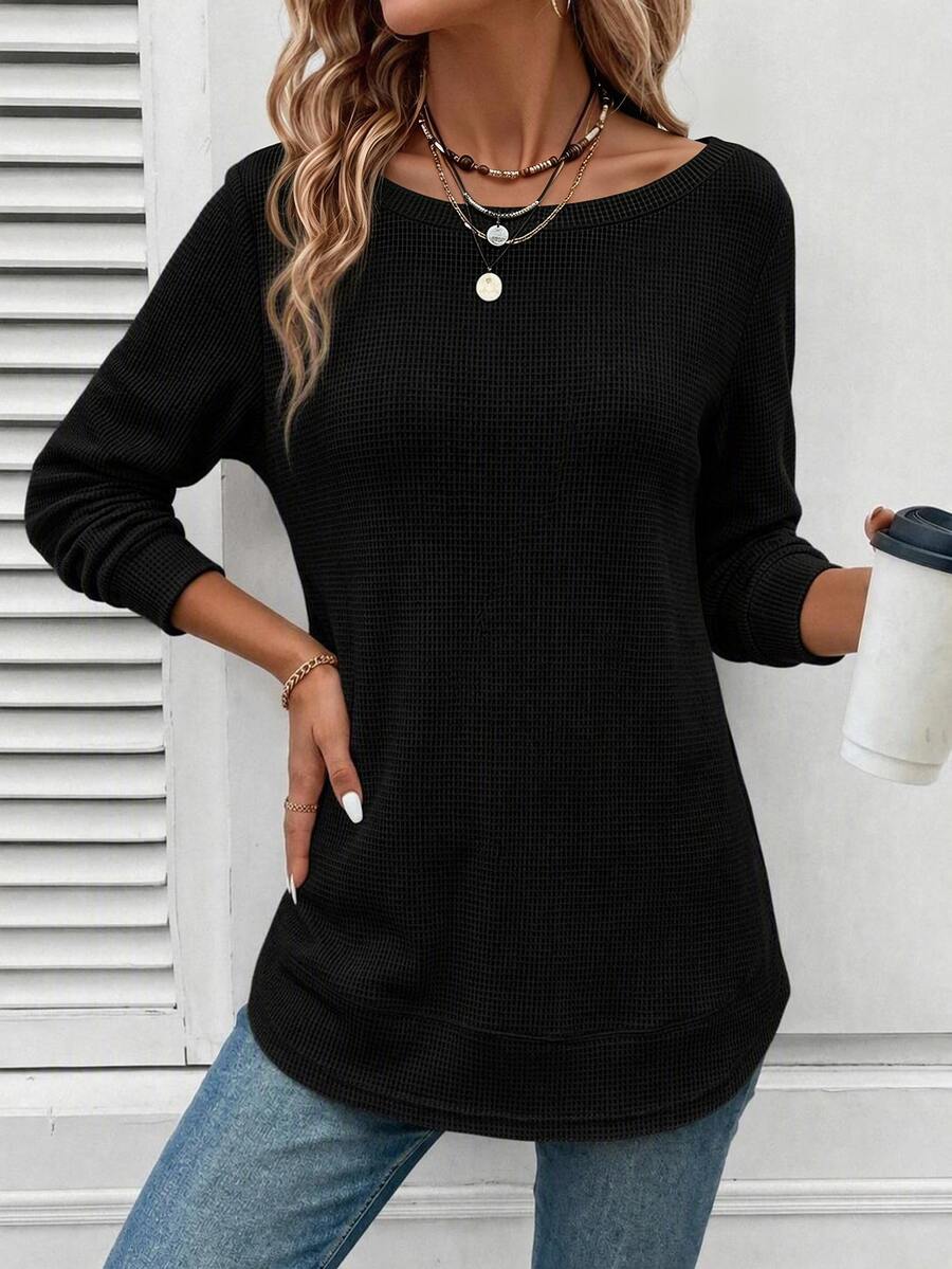 SHEIN LUNE Women's Textured Solid Color Crew Neck Long Sleeve Casual Sweatshirt, Versatile - Black - View 1