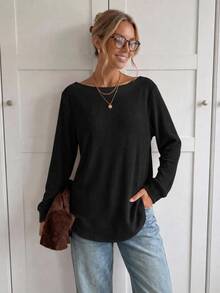 SHEIN LUNE Women's Textured Solid Color Crew Neck Long Sleeve Casual Sweatshirt, Versatile - Black - View 5