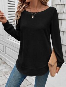 SHEIN LUNE Women's Textured Solid Color Crew Neck Long Sleeve Casual Sweatshirt, Versatile - Black - View 4