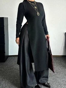 POPSWAY Plus Size Fashion Minimalist Round Neck Long Split Hem T-Shirt Fall - Black - View 1