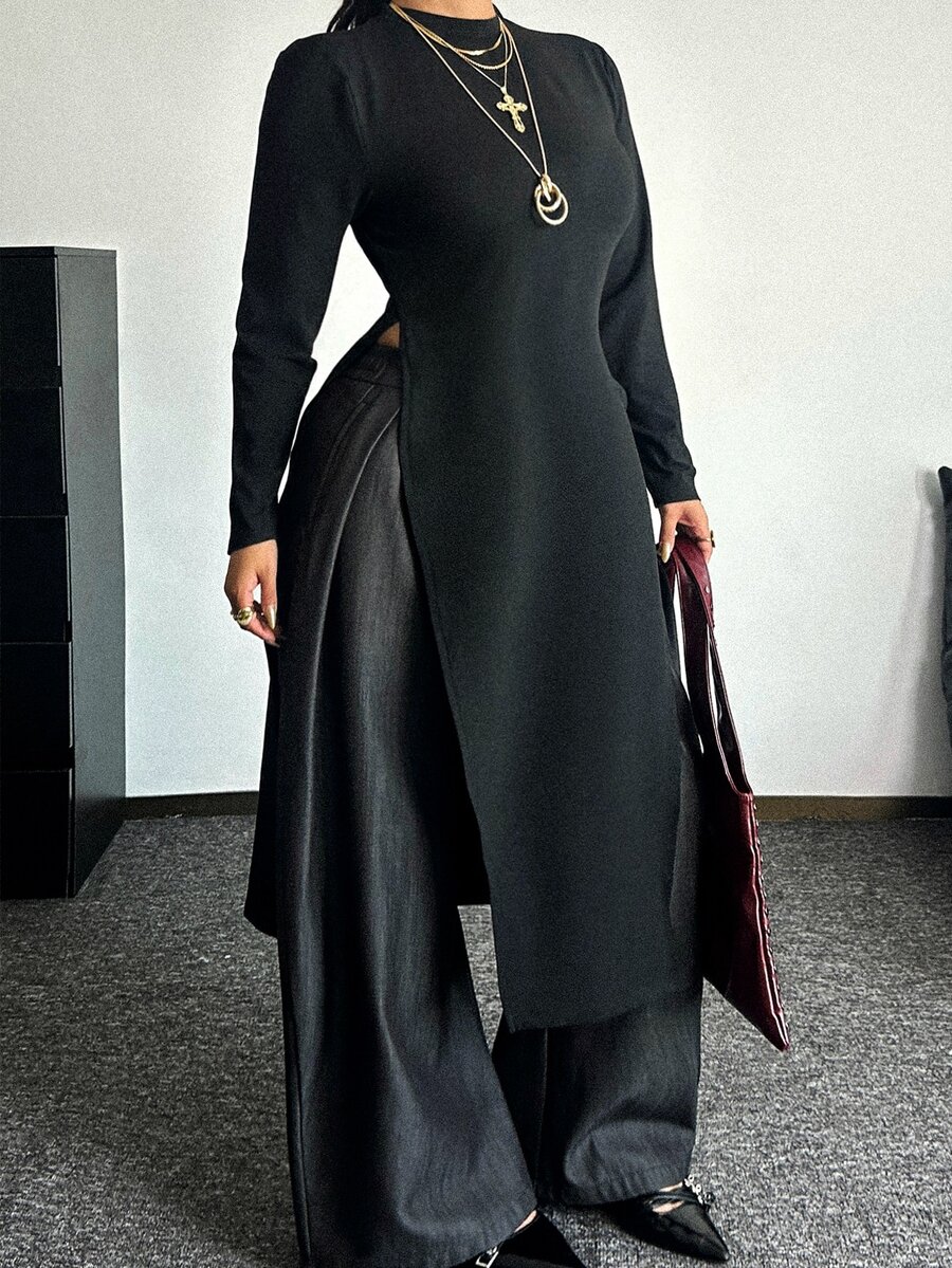 POPSWAY Plus Size Fashion Minimalist Round Neck Long Split Hem T-Shirt Fall - Black - View 1