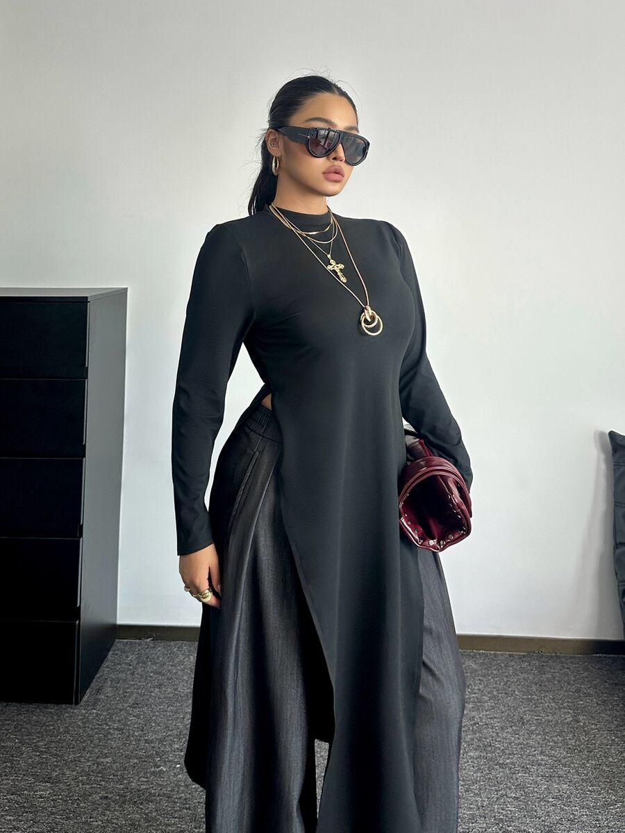 POPSWAY Plus Size Fashion Minimalist Round Neck Long Split Hem T-Shirt Fall - Black - View 1
