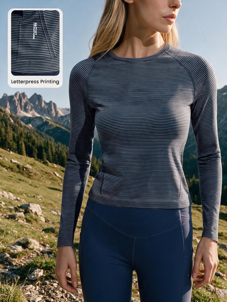 WanderVale Women's Striped Long Sleeve Slim Fit Outdoor T-Shirt - Navy Blue - View 1
