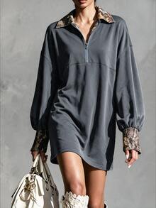 Breezaya Women's Patchwork Printed Drop Shoulder Long Sleeve Half-Zip Casual Short Dress - Light Grey - View 3