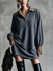 Breezaya Women's Patchwork Printed Drop Shoulder Long Sleeve Half-Zip Casual Short Dress - Light Grey - View 1