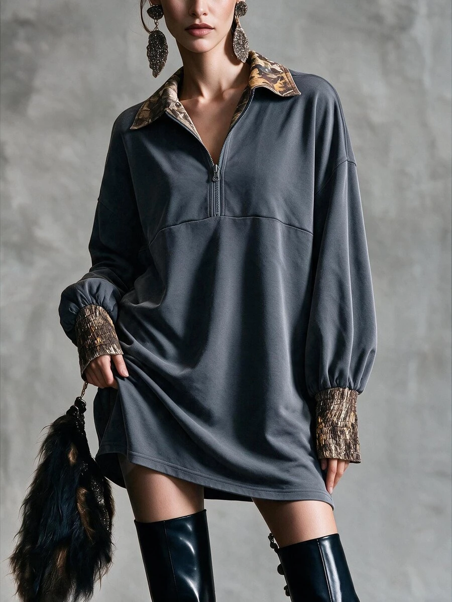 Breezaya Women's Patchwork Printed Drop Shoulder Long Sleeve Half-Zip Casual Short Dress - Light Grey - View 1
