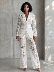 Eryvara 女款優雅白色鏤空蕾絲西裝外套，翻領單扣長袖修身夾克，純白色優雅通勤與辦公日常套裝 - 白色 - 查看 6