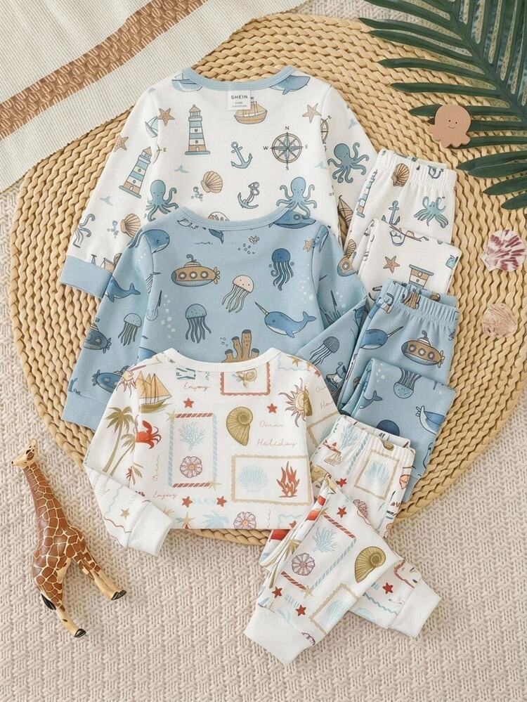 SHEIN Baby Boy Snug Fit Pajama Set, Cartoon - Pattern, Knitted Soft Crew Neck Long Sleeve Pullover Autumn Top, Elastic Waist Long Pants, Snug Fit Loungewear - Multicolor - View 2
