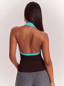 SHEIN BAE Women's Colorblock Fitted Versatile Daily Outing Halter Neck Tank Top - Brown - View 3