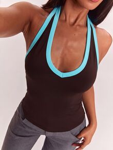 SHEIN BAE Women's Colorblock Fitted Versatile Daily Outing Halter Neck Tank Top - Brown - View 6