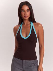 SHEIN BAE Women's Colorblock Fitted Versatile Daily Outing Halter Neck Tank Top - Brown - View 2