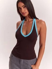 SHEIN BAE Women's Colorblock Fitted Versatile Daily Outing Halter Neck Tank Top - Brown - View 7