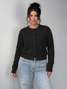 SHEIN PETITE CURVE 大尺碼女款素色長袖單排扣休閒針織開襟衫 - 黑色 - 查看 6