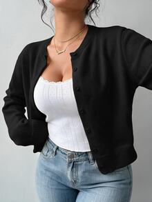 SHEIN PETITE CURVE 大尺碼女款素色長袖單排扣休閒針織開襟衫 - 黑色 - 查看 1