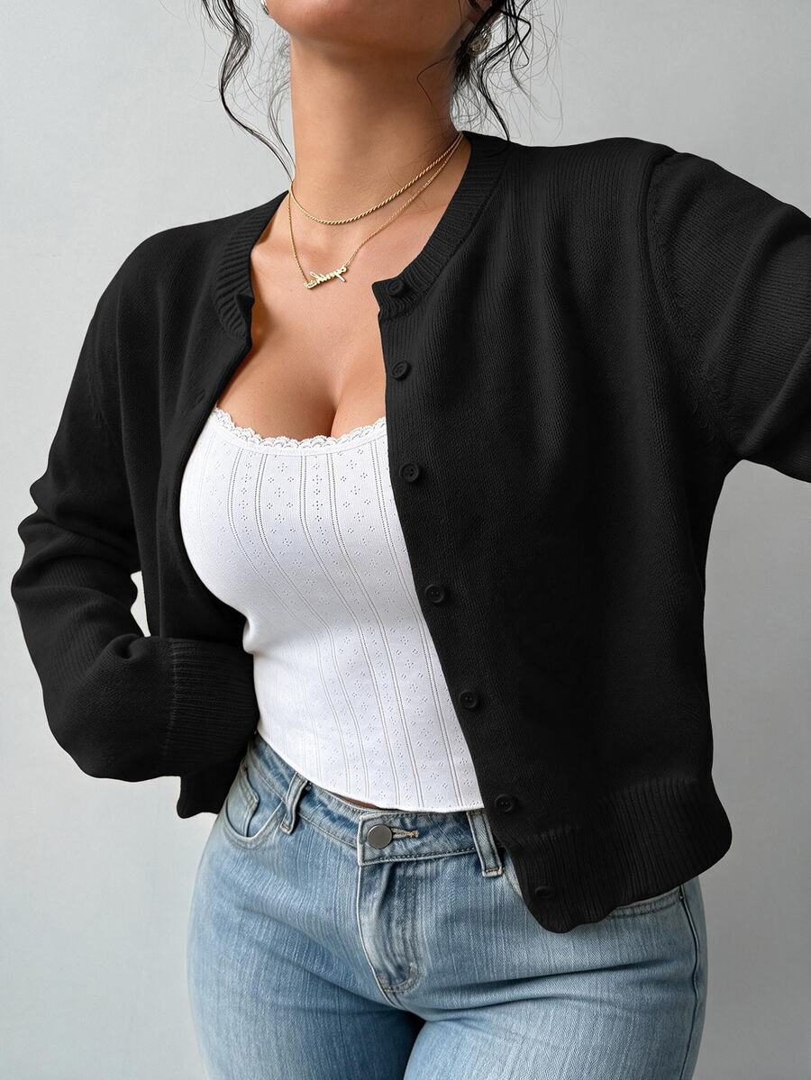 SHEIN PETITE CURVE 大尺碼女款素色長袖單排扣休閒針織開襟衫 - 黑色 - 查看 1