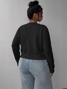 SHEIN PETITE CURVE 大尺碼女款素色長袖單排扣休閒針織開襟衫 - 黑色 - 查看 7