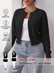 SHEIN PETITE CURVE 大尺碼女款素色長袖單排扣休閒針織開襟衫 - 黑色 - 查看 2