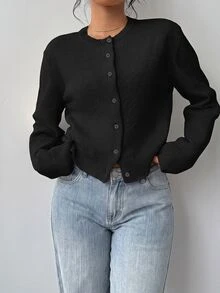 SHEIN PETITE CURVE 大尺碼女款素色長袖單排扣休閒針織開襟衫 - 黑色 - 查看 5