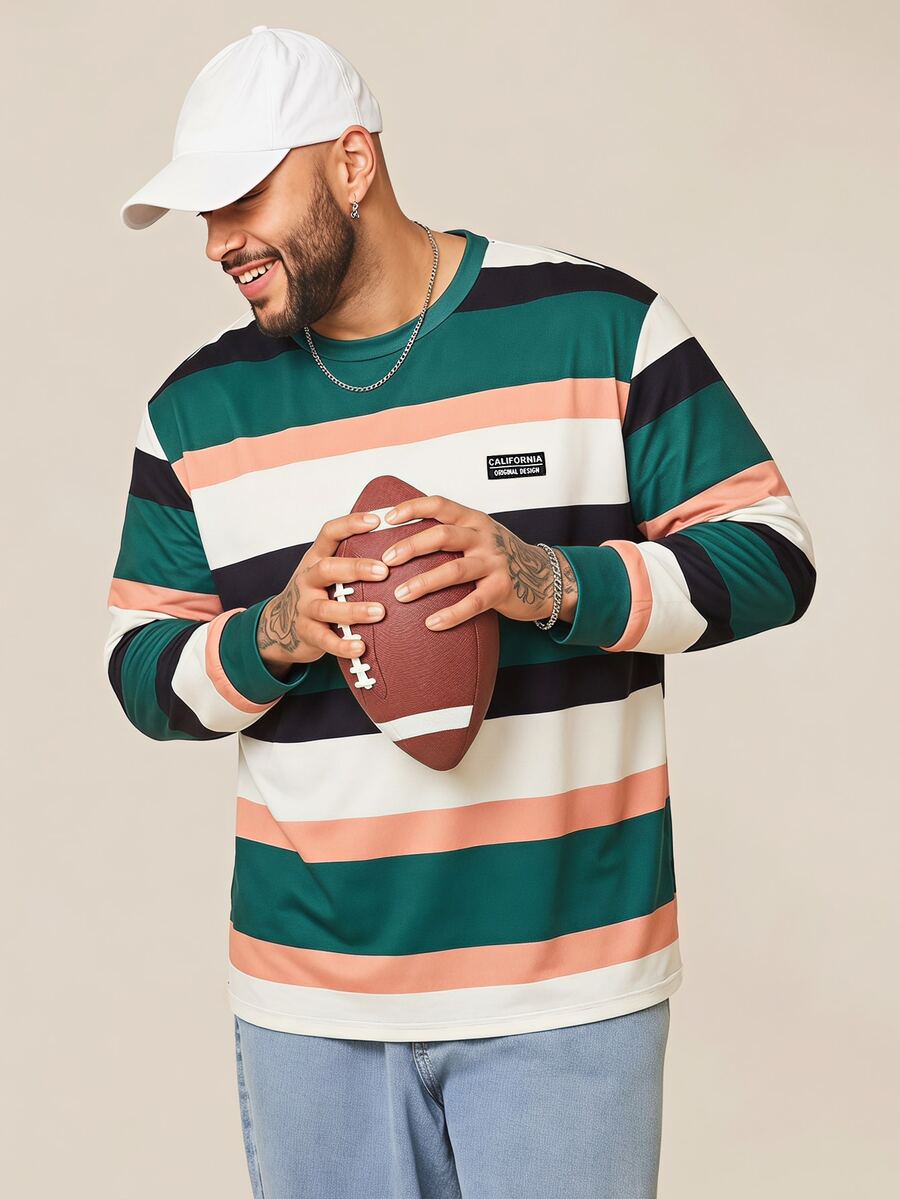 EASEVO Men's Plus Size Crew Neck Striped Pattern Casual Long Sleeve T-Shirt Halloween Winter Party Autumn - Multicolor - View 1