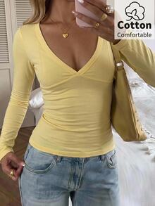 CovetEZ Kaos Lengan Panjang Wanita Warna Polos Model Slim Fit Serbaguna untuk Sehari-hari - Kuning - View 3