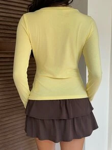 CovetEZ Kaos Lengan Panjang Wanita Warna Polos Model Slim Fit Serbaguna untuk Sehari-hari - Kuning - View 6