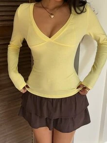 CovetEZ Kaos Lengan Panjang Wanita Warna Polos Model Slim Fit Serbaguna untuk Sehari-hari - Kuning - View 5