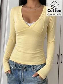 CovetEZ Kaos Lengan Panjang Wanita Warna Polos Model Slim Fit Serbaguna untuk Sehari-hari - Kuning - View 4