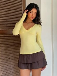 CovetEZ Kaos Lengan Panjang Wanita Warna Polos Model Slim Fit Serbaguna untuk Sehari-hari - Kuning - View 8