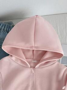SHEIN Tween Girl Bow Decor Kids Zipper Front Hooded Autumn Sweatshirt - Pink - View 4
