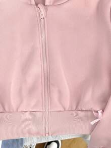 SHEIN Tween Girl Bow Decor Kids Zipper Front Hooded Autumn Sweatshirt - Pink - View 6