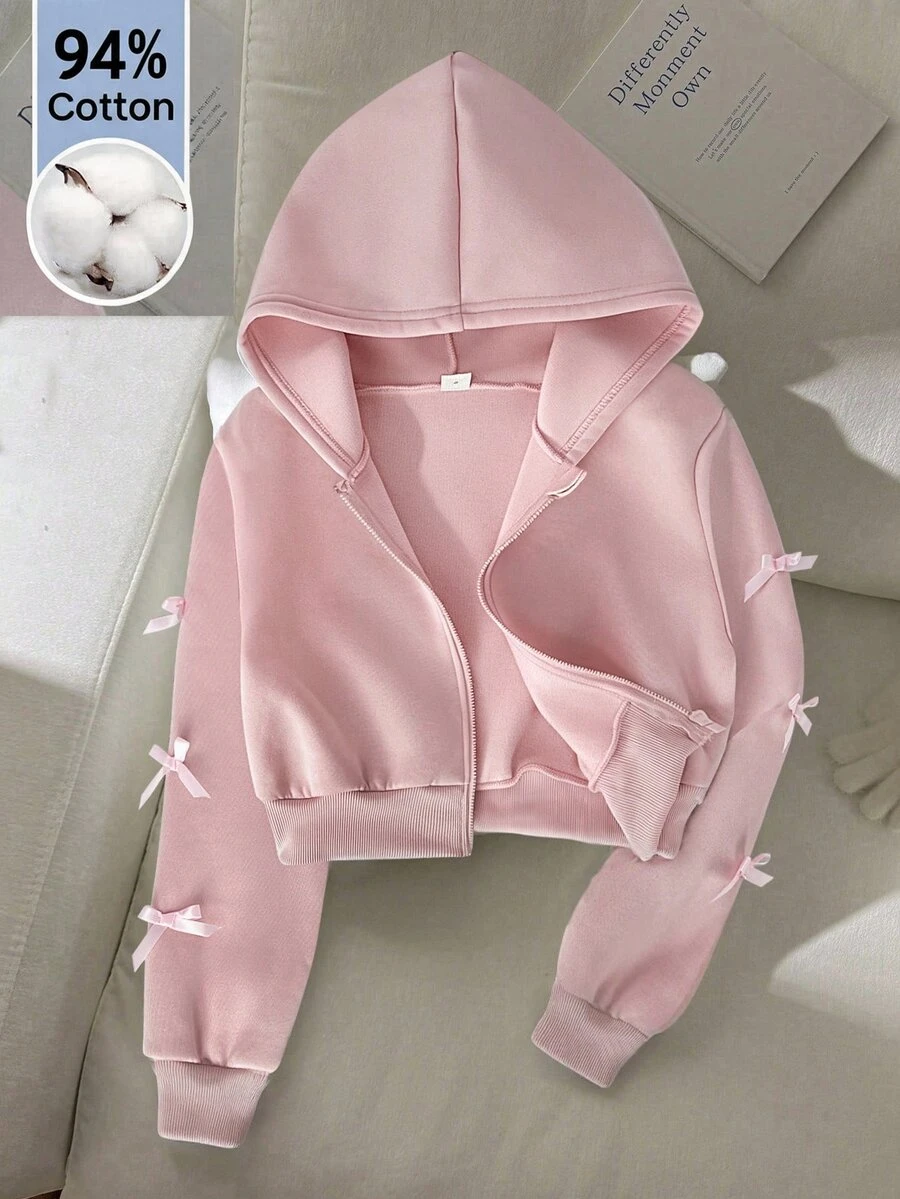 SHEIN Tween Girl Bow Decor Kids Zipper Front Hooded Autumn Sweatshirt - Pink - View 1