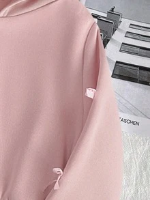 SHEIN Tween Girl Bow Decor Kids Zipper Front Hooded Autumn Sweatshirt - Pink - View 3
