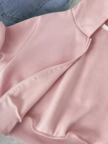 SHEIN Tween Girl Bow Decor Kids Zipper Front Hooded Autumn Sweatshirt - Pink - View 7