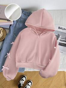 SHEIN Tween Girl Bow Decor Kids Zipper Front Hooded Autumn Sweatshirt - Pink - View 5