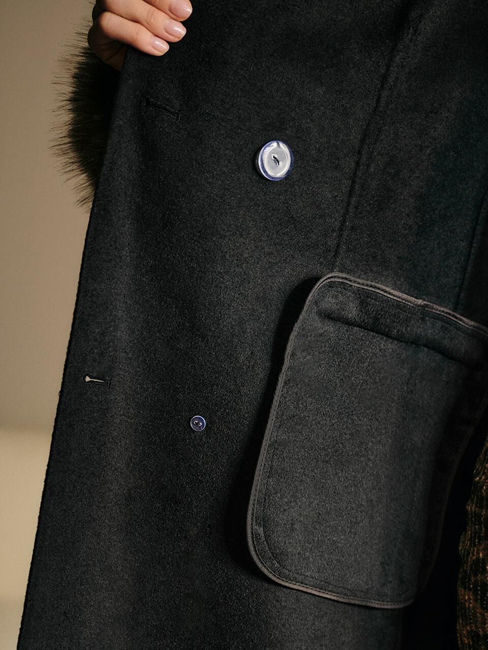 MOTF ELEGANT DETACHABLE FAUX FUR COLLAR WAIST-CINCHING WOOL BLEND DOUBLE-FACED MID-LENGTH COAT