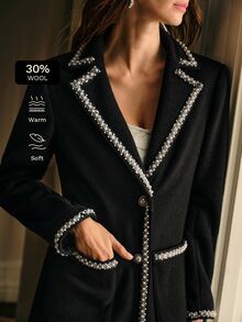 MOTF PREMIUM ELEGANT PEARL TRIM BUTTON DECORATED LAPEL SINGLE-BREASTED WOOL BLEND COAT FOR AUTUMN/WINTER - Black - View 2