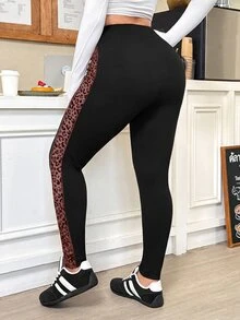 Muchica Leopard Print Elastic Waist Plus Size Leggings - Burgundy - View 2