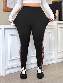 Muchica Leopard Print Elastic Waist Plus Size Leggings - Burgundy - View 6