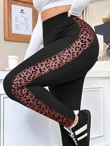 Muchica Leopard Print Elastic Waist Plus Size Leggings - Burgundy - View 5