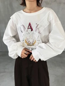 FRIFUL Women's Autumn Clothing Large Letter Print Contrast Lace Trim Pure Cotton T-Shirt Graphic Tees - White - View 7
