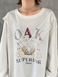 FRIFUL Women's Autumn Clothing Large Letter Print Contrast Lace Trim Pure Cotton T-Shirt Graphic Tees - White - View 5