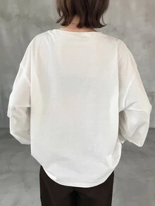 FRIFUL Women's Autumn Clothing Large Letter Print Contrast Lace Trim Pure Cotton T-Shirt Graphic Tees - White - View 2