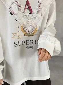 FRIFUL Women's Autumn Clothing Large Letter Print Contrast Lace Trim Pure Cotton T-Shirt Graphic Tees - White - View 6