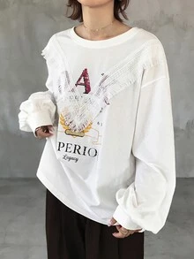 FRIFUL Women's Autumn Clothing Large Letter Print Contrast Lace Trim Pure Cotton T-Shirt Graphic Tees - White - View 3
