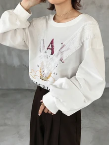 FRIFUL Women's Autumn Clothing Large Letter Print Contrast Lace Trim Pure Cotton T-Shirt Graphic Tees - White - View 9