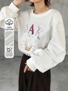 FRIFUL Women's Autumn Clothing Large Letter Print Contrast Lace Trim Pure Cotton T-Shirt Graphic Tees - White - View 1