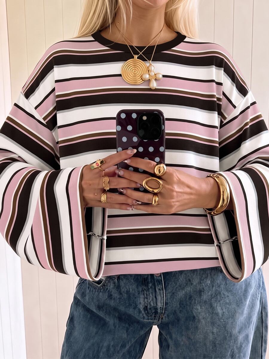 SHEIN EZwear 女款條紋圓領落肩長袖休閒T恤,適合日常通勤、聚會、秋冬春夏、聖誕節、新年、感恩節、派對、婚禮、海灘、畢業典禮、優雅、外出、約會 - 彩色 - 查看 1